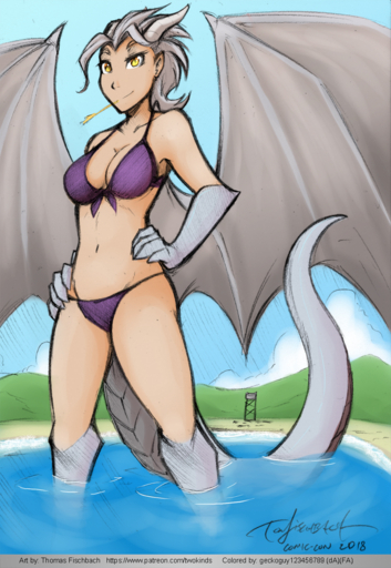 2018 5_fingers alternate_form animal_humanoid beach bikini biped breasts cleavage clothed clothing conditional_dnp dragon dragon_humanoid english_text eyelashes female fingers geckoguy123456789 gloves_(marking) hair hands_on_hips hi_res horn humanoid humanoid_pointy_ears lady_nora light lighting long_tail looking_at_viewer markings membrane_(anatomy) membranous_wings navel pale_skin partially_submerged patreon portrait pose scales scalie seaside short_hair sky smile smirk solo standing swimwear text thick_tail three-quarter_portrait tom_fischbach twokinds url water webcomic webcomic_character white_body white_hair white_scales white_tail white_wings wings yellow_eyes // 827x1200 // 1.4MB