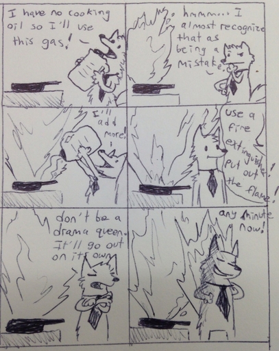 2014 anthro black_and_white canid canine comic cookware dialogue drama english_text fender fire fivel fox frying_pan furaffinity hi_res humor kitchen_utensils male mammal monochrome necktie oil pen_(artwork) solo text the_truth tools traditional_media_(artwork) unseen_character // 1018x1280 // 258.5KB
