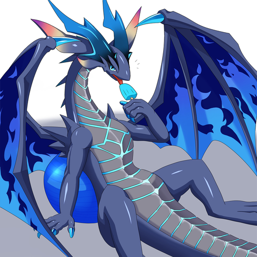 1:1 blue_body blue_claws blue_eyes claws cygames digitigrade dragalia_lost dragon erasmus_(dragalia_lost) featureless_crotch flame_markings food glistening glowing glowing_markings grey_body grey_scales licking looking_at_viewer markings membrane_(anatomy) membranous_wings nintendo scales scheme0241 solo tongue tongue_out video_games wings // 850x850 // 468.6KB