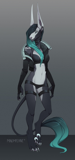 2019 anthro barefoot biped black_hair breasts canid canine canis clothed clothing digital_media_(artwork) digitigrade feet female green_eyes hair hi_res jackal jacktor long_ears mammal mindmachine rela simple_background solo standing // 620x1312 // 142.7KB