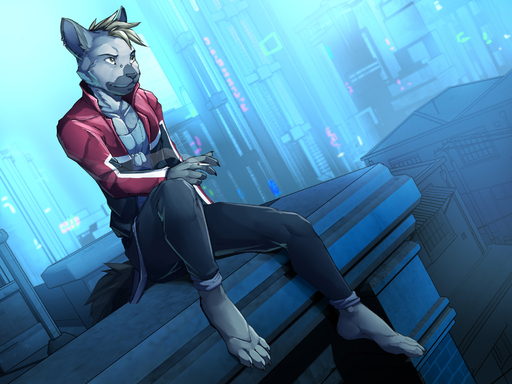 2019 4:3 anthro biped cigarette hi_res hyaenid male mammal rooftop sitting solo striped_hyena twinkle-sez // 2000x1500 // 1.5MB
