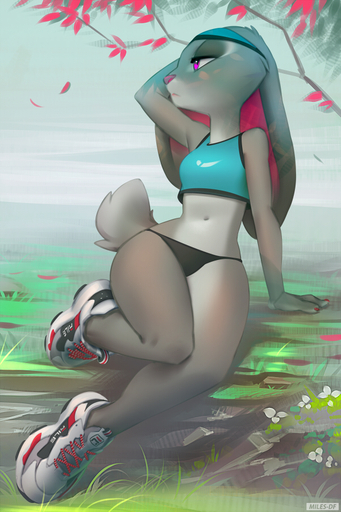 2:3 accessory anthro bra breasts clothing disney ears_down female footwear headband judy_hopps lagomorph leporid mammal miles_df navel outside panties pivoted_ears rabbit scut_tail shoes sitting small_breasts sneakers solo sports_bra text text_on_clothing text_on_footwear text_on_shoes underwear zootopia // 600x900 // 486.5KB