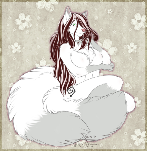 anthro blush breasts canid canine female fluffy fox fur green_eyes hair long_hair looking_at_viewer mammal nipples solo spottyjaguar streaks white_body white_fur // 585x602 // 414KB