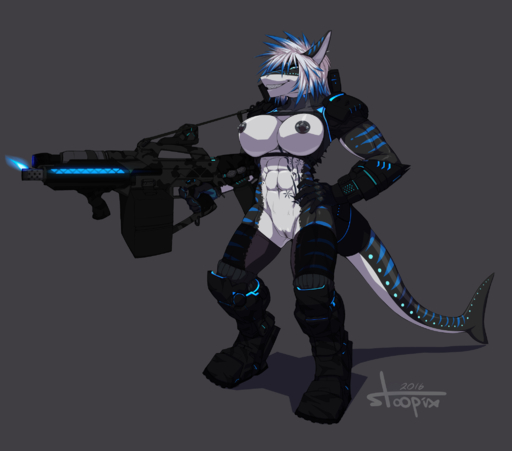 2016 abs anthro armor big_breasts black_nipples black_pussy blue_eyes breasts clothed clothing female fish flamethrower genitals grey_background grin gun hair hi_res holding_gun holding_object holding_weapon looking_at_viewer marine multicolored_hair navel navel_piercing nika_sharkeh nipple_piercing nipples non-mammal_breasts piercing pussy ranged_weapon rifle shark signature simple_background skimpy smile solo stoopix stripes tattoo unconvincing_armor weapon // 2044x1800 // 754.5KB
