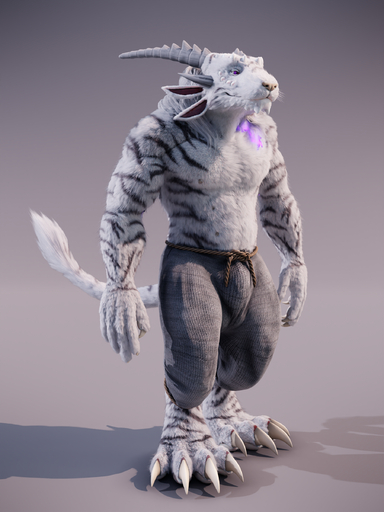 3:4 3d_(artwork) absurd_res anthro arceronth bottomwear bulge charr claws clothed clothing digital_media_(artwork) felid fur genital_outline guild_wars hair hi_res horn long_hair male mammal pants paws sheath_outline smile solo standing stripes topless topless_male video_games white_body white_fur // 1800x2400 // 4.1MB