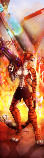 4_toes abs absurd_res anthro araivis-edelveys black_lips black_stripes clothed clothing detailed_background digitigrade feet felid fur hi_res holding_object holding_weapon lips male mammal pantherine smile solo striped_body striped_fur stripes tiger toes topless weapon // 1000x3600 // 1.8MB