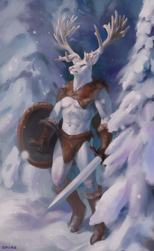2017 abs albino anthro antlers boots bottomwear cervid chunie clothed clothing day detailed_background digital_media_(artwork) footwear fur gloves handwear hi_res holding_object holding_sword holding_weapon horn loincloth male mammal melee_weapon muscular muscular_anthro muscular_male navel outside pecs plant red_eyes shield snow solo standing sword tree weapon white_body white_fur // 787x1280 // 429.4KB