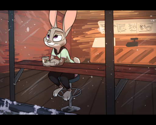 2016 5:4 anthro barefoot clothed clothing cup detailed_background feet female fully_clothed fur furniture glass grey_body grey_fur holding_cup holding_object inside judy_hopps lagomorph leporid letterbox mammal purple_eyes rabbit siroc sitting smile snow snowing solo stool window // 1280x1024 // 856.4KB