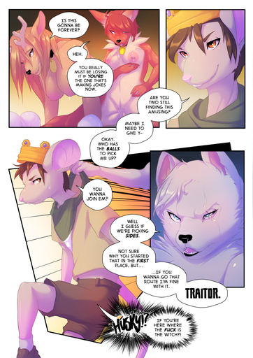 anthro blush breasts canid canine canis cervid comic corablue dialogue domestic_dog english_text female fox genitals group hair hi_res husky male mammal mouse murid murine nordic_sled_dog profanity pussy rodent scar spitz text // 868x1228 // 811KB