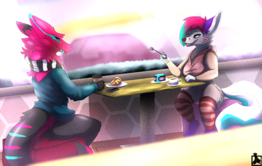absurd_res anthro avilay_conely beverage cafe cake canid canine coffee dessert duo fanxy_fennec female fennec food fox hi_res lex_sergal male malefemale mammal sergal sitting snow vulpes // 5633x3590 // 28.6MB
