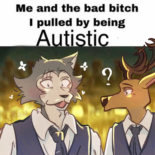 2022 absurd_res anthro anthro_on_anthro antlers autism blurred_background canid canine canis cervid clothed clothing dress_shirt duo english_text eyebrows fur hi_res horn humor legoshi_(beastars) looking_at_another louis_(beastars) male malemale mammal meme necktie notched_ear open_mouth open_smile pourwatter question_mark scar shirt smile standing star teeth text tongue topwear tuft vest wolf // 3000x3000 // 1.3MB