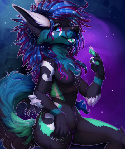2016 anthro black_body black_fur black_nose blue_body blue_eyes blue_fur blue_hair breasts canid canine canis claws detailed_background digital_media_(artwork) featureless_breasts featureless_crotch female fivel fur green_body green_fur green_pawpads green_tongue hair hi_res looking_at_viewer mammal multicolored_body multicolored_fur multicolored_hair navel nude open_mouth pawpads purple_hair purple_sclera smile solo space tongue tuft two_tone_hair white_body white_claws white_fur wolf // 1072x1280 // 2.4MB