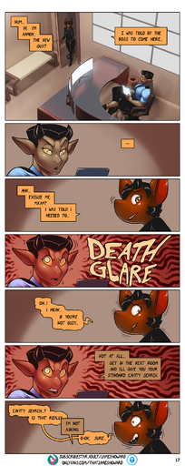 aamon_(james_howard) absurd_res anthro chiropteran comic death_glare demon dialogue duo english_text female girly hi_res james_howard male mammal security_guard text // 1214x3050 // 1.7MB