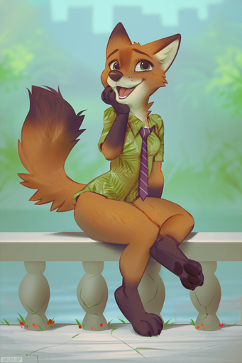2020 3_toes aloha_shirt anthro barefoot bottomless brown_pawpads canid canine claws clothed clothing crossgender digital_media_(artwork) dipstick_ears dipstick_tail feet female fox fur gloves_(marking) green_eyes leg_markings looking_at_viewer mammal markings miles_df mtf_crossgender multicolored_ears multicolored_tail necktie nick_wilde open_mouth pattern_clothing pattern_shirt pattern_topwear pawpads red_body red_fox red_fur shirt sitting socks_(marking) soles solo toe_claws toes topwear vulpes // 633x950 // 471.7KB