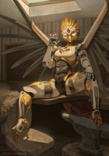 2019 android avian beak detailed_background digital_media_(artwork) feet female fingers hi_res honovy looking_at_viewer machine nude one_eye_closed philomela_smithwrought red_eyes robot sitting solo spread_legs spreading toes wings // 900x1280 // 184.0KB
