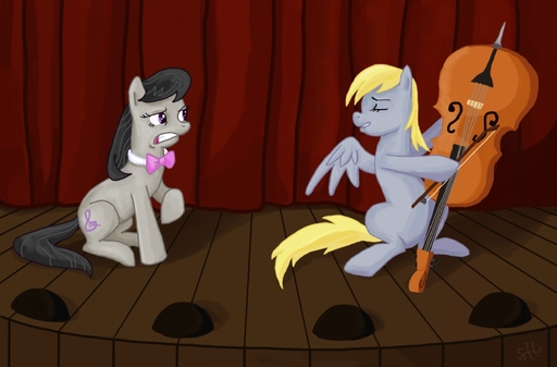 bow_(stringed_instrument) bowed_string_instrument cello cutie_mark derpy_hooves_(mlp) doing_it_wrong duo earth_pony equid equine feathered_wings feathers female feral grey_body grey_feathers hair horse mammal musical_instrument octavia_(mlp) pegasus pony sorc string_instrument teeth wings // 1114x733 // 275.6KB