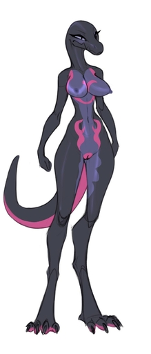 2022 anthro anthrofied biped black_body breasts claws digital_media_(artwork) discreet_user female generation_7_pokemon genitals hi_res multicolored_body navel nipples non-mammal_breasts non-mammal_nipples pink_body pokemon_(species) purple_body purple_eyes pussy salazzle simple_background solo standing toe_claws video_games white_background // 713x1666 // 58.9KB