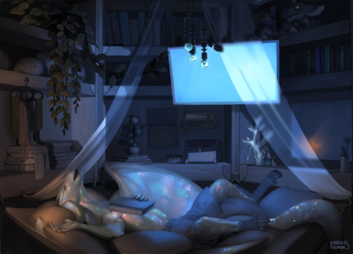 2019 anthro argar bed clothed clothing dragon furniture hi_res illarion_(character) inside kamuri lights madness_demon male night plushie screen sleeping solo wings // 1689x1216 // 1.6MB