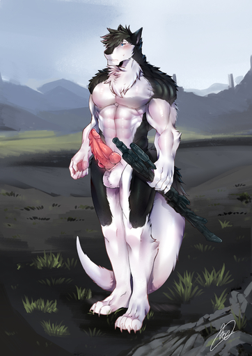 abs absurd_res anthro armor ball barb_(disambiguation) biceps booboo34 boots claws clothing day discordnight erection footwear fur genitals gloves gun handwear hi_res land male muscular muscular_anthro muscular_male nude outside penis ranged_weapon sergal sky solo weapon // 2893x4092 // 3.4MB