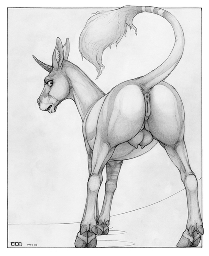 2015 anatomically_correct anatomically_correct_genitalia anatomically_correct_pussy animal_genitalia animal_pussy anus butt cloven_hooves ecmajor equid equine equine_pussy equustra_(ecmajor) female feral genitals greyscale hooves horn horse looking_at_viewer looking_back mammal monochrome presenting pussy raised_tail simple_background sketch solo stripes tail_tuft teats traditional_media_(artwork) tuft unicorn // 914x1118 // 807.9KB