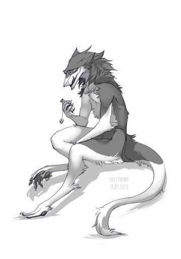 anthro biped bottle bottomwear clothed clothing greyscale hi_res loincloth male monochrome paws raesheris sergal simple_background sitting solo topless white_background // 897x1280 // 308.2KB