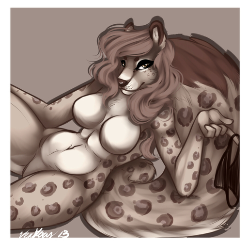 anthro border breasts brown_body brown_eyes brown_fur brown_hair featureless_crotch felid female fluffy fluffy_tail fur hair leopard looking_at_viewer mammal nude pantherine reclining simple_background snow_leopard soledad solo spots vexstacy white_body white_border white_fur // 1074x1060 // 572.6KB