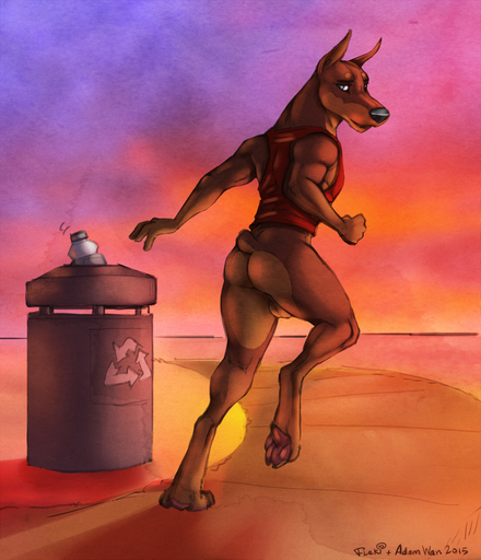 2015 anthro backsack balls black_nose bottle bottomless butt canid canine canis clothed clothing digital_media_(artwork) digitigrade dobermann domestic_dog fleki genitals hi_res looking_at_viewer looking_back male mammal muscular muscular_anthro muscular_male outside pawpads paws pinscher public recycling recycling_bin recycling_symbol running shirt signature sky solo text topwear trash_can zaush // 1101x1280 // 1.4MB
