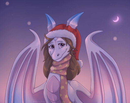 animated brown_hair clothing dragon hair hat headgear headwear hi_res horn icelectricspyro looking_at_viewer membrane_(anatomy) membranous_wings moon night outside purple_eyes scalie short_playtime sky smile solo western_dragon wings // 2050x1629 // 18.4MB