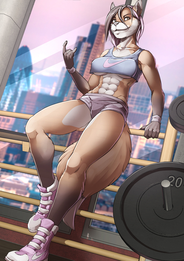 2019 5_fingers abs anthro biped bottomwear breasts bronx23 brown_hair canid canine clothed clothing detailed_background digital_media_(artwork) female fingers footwear fox hair hi_res inside mammal midriff muscular muscular_anthro muscular_female nike rosaline_(bronx23) shoes shorts skimpy smile solo standing twinkle-sez under_boob // 905x1280 // 707.0KB