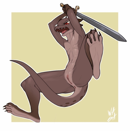 2020 action_pose angry anthro anus attack brown_body brown_scales casual_nudity female flat_chested genitals holding_object holding_sword holding_weapon jumping kobold low-angle_view melee_weapon nude pose pussy red_eyes scales scalie solo suspended_in_midair sword w4g4 weapon // 1136x1147 // 82.6KB