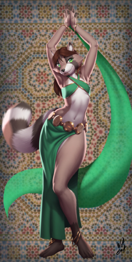 absurd_res anthro belly_dancer belly_dancer_outfit bracelet breasts brown_body clothed clothing female green_clothing green_eyes hi_res jewelry mammal markings midriff procyonid raccoon small_breasts solo tail_markings w4g4 // 1242x2455 // 4.0MB