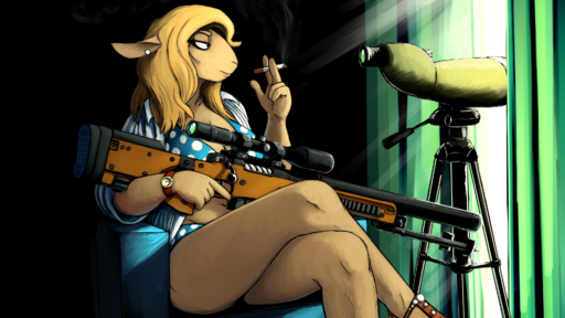 16:9 2017 anthro big_breasts biped blonde_hair boss_lamb_(hladilnik) bovid bra breasts caprine chair cigarette cleavage clock clothed clothing colored crossed_legs curtains domestic_sheep ear_piercing female footwear furniture gun hair hi_res hladilnik holding_gun holding_object holding_weapon inside mammal navel open_clothing open_shirt open_topwear panties piercing ranged_weapon rifle sandals sheep shirt sitting smile smoking sniper_rifle solo spots suitcase telescope topwear trigger_discipline tripod underwear watch weapon widescreen // 1920x1080 // 1.7MB