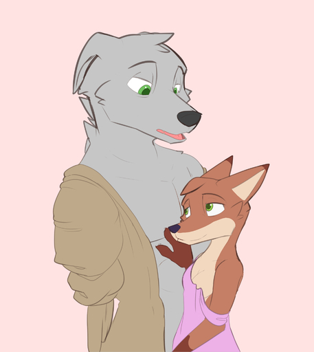 2020 amputee anthro black_nose brown_body brown_fur canid canine canis cheek_tuft disability duo facial_tuft fan_character female fox fur green_eyes grey_body grey_fur head_tuft hi_res male mammal missing_arm mrs._wilde open_mouth pink_background red_fox simple_background smile stan_(zhanbow) tuft vulpes wolf zhanbow // 1833x2055 // 407.7KB