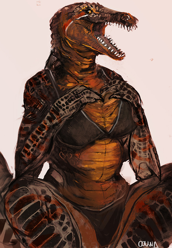 anthro bra breasts clothing conditional_dnp crocodile crocodilian crocodylid female non-mammal_breasts oouna open_mouth reptile scalie simple_background solo teeth tongue underwear // 594x857 // 463KB