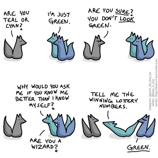 1:1 ambiguous_gender blue_body blue_fox_(foxes_in_love) blue_fur blue_tail canid canine comic dialogue english_text feral fox foxes_in_love fur green_body green_fox_(foxes_in_love) green_fur green_tail grey_body grey_fur group hi_res male_(lore) mammal shadow simple_background text url // 1280x1280 // 151.5KB