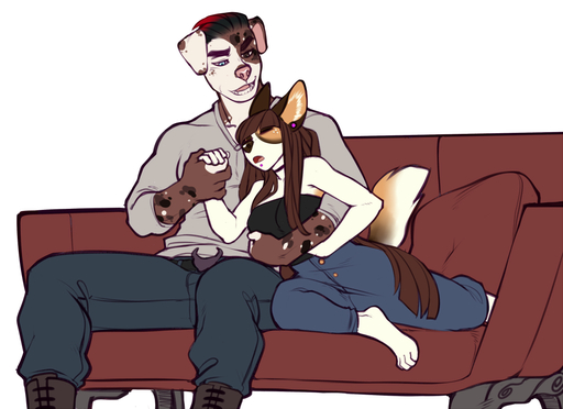 anthro canid canine canis clothed clothing domestic_dog duo embrace faint female hug larger_male male malefemale mammal open_mouth sitting size_difference smaller_female smile // 1000x727 // 301KB