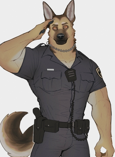 2022 absurd_res anthro belt biped brown_body brown_eyes brown_fur canid canine canis chain_collar clothing collar digital_media_(artwork) domestic_dog fur german_shepherd gesture herding_dog hi_res k0bit0wani looking_at_viewer male mammal multicolored_body multicolored_fur muscular muscular_anthro muscular_male pastoral_dog police_officer police_uniform salute simple_background solo tan_body tan_fur uniform white_background white_body white_fur // 2353x3200 // 995.3KB