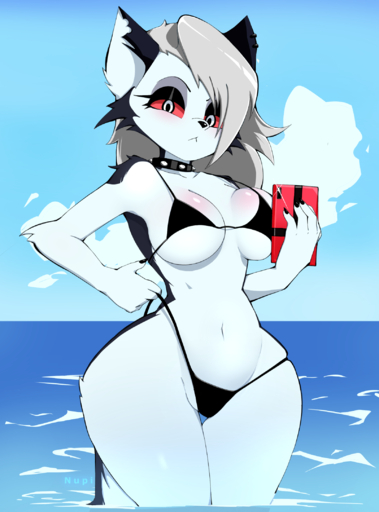 2022 5_fingers anthro artist_name bikini black_body black_fur blush breasts canid canid_demon claws clothing cloud day demon ear_piercing female finger_claws fingers fur grey_body grey_fur hair hellhound hi_res holding_object holding_phone kemono looking_at_viewer loona_(helluva_boss) mammal notched_ear nupi outside partially_submerged phone piercing red_sclera sea silver_hair sky solo swimwear water white_eyes // 1603x2164 // 1.2MB