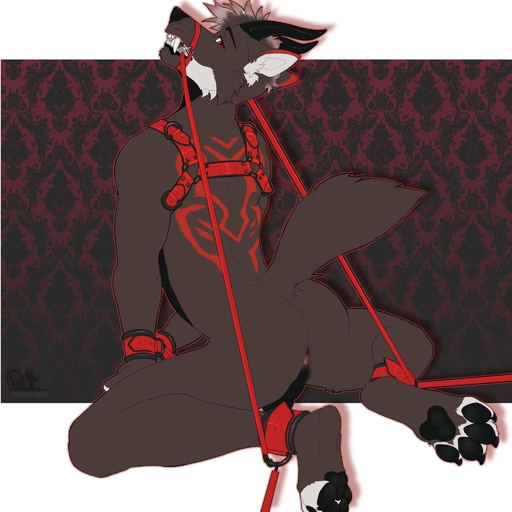 1:1 ankle_cuffs anthro anus backsack balls bambii_dog bdsm biped bit_gag black_pawpads bondage bound butt canid canine canis gag gagged gaymingwolfy hi_res horn hybrid kneeling looking_back male mammal nude pawpads red_eyes shackles simple_background solo wolf // 2048x2048 // 329.3KB