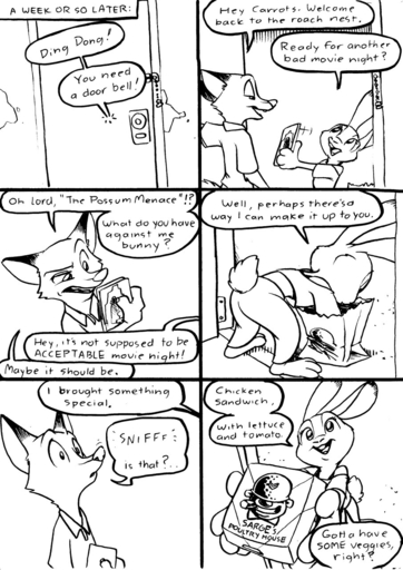 anthro buckteeth canid canine comic dialogue disney door duo dvd ears_back english_text eric_schwartz female food fox frown grin half-closed_eyes hi_res judy_hopps lagomorph leporid male mammal monochrome narrowed_eyes nick_wilde open_mouth pivoted_ears rabbit sandwich_(food) simple_background smile sniffing sound_effects speech_bubble teeth text white_background zootopia // 906x1280 // 285.0KB