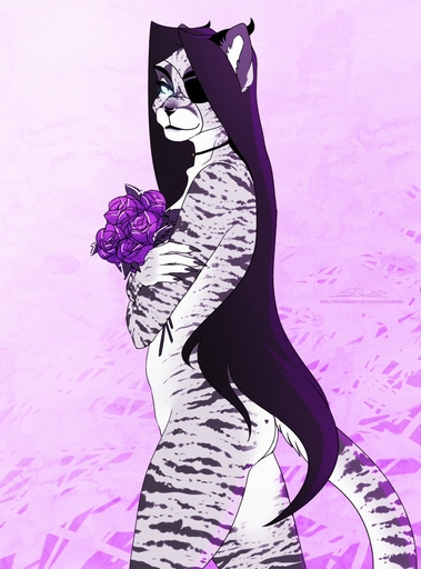 anthro black_body black_fur black_hair blue_eyes butt catherinemeow felid female flower fluffy fluffy_tail fur hair hi_res holding_object horn leopard mammal multicolored_body multicolored_fur multicolored_hair pantherine plant purple_hair simple_background smile solo two_tone_body two_tone_fur two_tone_hair white_body white_fur // 948x1280 // 225KB