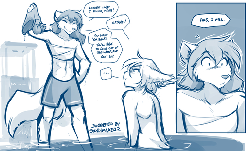 2019 abs annoyed anthro basitin blue_and_white blush canid canine canis chest_wraps clothing comic conditional_dnp dialogue duo english_text eyes_closed female glare hand_on_hip hi_res holding_object keidran keith_keiser male mammal midriff monochrome natani navel partially_submerged simple_background sketch smile smirk surprise swimming_trunks swimwear text tom_fischbach twokinds webcomic webcomic_character wet white_background wolf wraps // 2108x1280 // 1.1MB