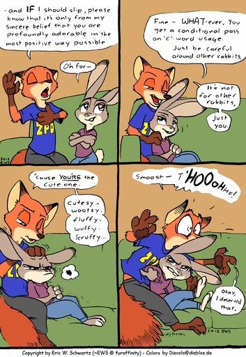 2016 absurd_res anthro buckteeth canid canine clothing color_edit colored comic dialogue diavololo disney duo edit english_text eric_schwartz female fox fur furniture grey_body grey_fur hi_res judy_hopps lagomorph leporid long_ears male mammal nick_wilde rabbit red_body red_fur size_difference sofa teeth text zootopia // 1812x2628 // 633.6KB