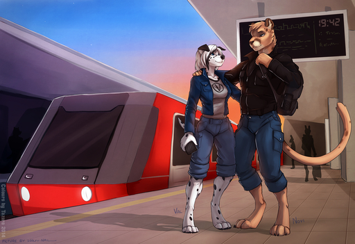 2014 <3 anthro backpack canid canine canis clothed clothing cougar dalmatian detailed_background digital_media_(artwork) domestic_dog duo eyewear felid feline female glasses male mammal romantic_couple standing tazara train val-aikens vehicle wolfy-nail // 1275x873 // 1.2MB