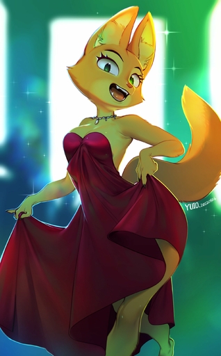 absurd_res anthro breasts canid canine canis cheek_tuft clothed clothing cocktail_dress diane_foxington digital_media_(artwork) dress eyebrow_piercing facial_piercing facial_tuft fangs female fingers fox fully_clothed fur green_eyes half-closed_eyes hi_res inner_ear_fluff jewelry mammal narrowed_eyes neck_tuft necklace orange_body orange_fur piercing pink_clothing pink_dress pink_nose smile solo standing tan_body tan_fur tuft yuio // 1705x2749 // 272.1KB