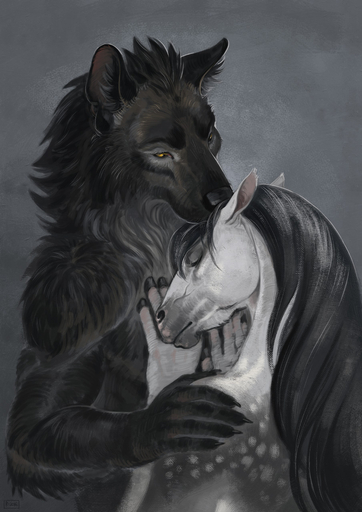5_fingers anthro black_body black_fur black_hair black_nose canid canine canis domestic_dog duo equid equine eyes_closed fingers fur grey_background hair hi_res horse mammal simple_background skitalets yellow_eyes // 905x1280 // 286.2KB
