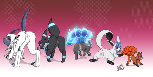 2017 absol anus blush butt collar eeveelution eyelashes female feral fur genitals glaceon glowing group hi_res horn larger_female lineup looking_at_viewer looking_back lying multi_tail multicolored_body nekostar nintendo nude on_front pokemon pokemon_(species) presenting presenting_hindquarters pussy raised_tail shy signature simple_background size_difference smaller_female smile sploot take_your_pick umbreon video_games vulpix // 1612x814 // 921.1KB