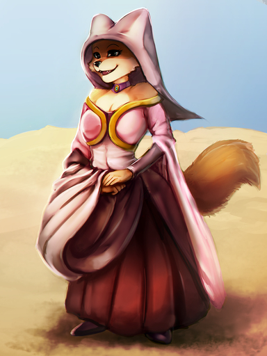 3:4 anthro black_nose breasts brown_body brown_fur canid canine choker clothing day desert dress female footwear fox fur general-irrelevant hi_res jewelry maid_marian mammal necklace outside shoes smile solo standing // 1080x1440 // 1.3MB