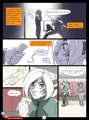 2018 5_fingers ambiguous_gender anthro clothed clothing comic digital_media_(artwork) domestic_cat duo english_text estella_(zummeng) evie_(zummeng) felid feline felis female fingers green_eyes hair hi_res holding_object mammal pantherine pink_nose text tiger white_hair wounded zummeng // 1189x1600 // 872.5KB