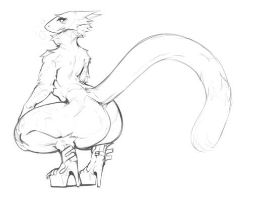 2021 anthro big_butt butt crouching digitigrade high_heels huge_butt looking_at_viewer looking_back looking_back_at_viewer male neck_tuft raptoral raptoral_(character) sergal simple_background sketch solo tuft white_background // 859x670 // 172.8KB